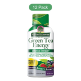 A 12-pack of Nature's Answer Green Tea Energy dietary supplement bottles, featuring a white bottle with green and yellow accents, a green cap, and a green '12 Pack' badge at the top.