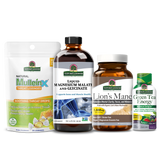 Four supplement products from Nature's Answer arranged together on a white background: MulleinX throat lozenge pouch, a liquid magnesium malate and glycinate supplement bottle, a Lion's Mane supplement bottle, and a Green Tea Energy supplement bottle.