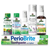 Nature's Answer PerioBrite Toothpaste with Xylitol ,Green Tea Energy shots, PerioBrite Mouthwash with Xylitol, Relaxing Magnesium Cream, and Mullein X throat spray, all on a white background.