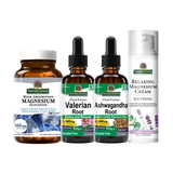 Four Nature's Answer supplements arranged on a white background: a brown bottle of High Absorption Magnesium Glycinate, two amber dropper bottles of Valerian Root and Ashwagandha Root, and a white tube of Relaxing Magnesium Cream.