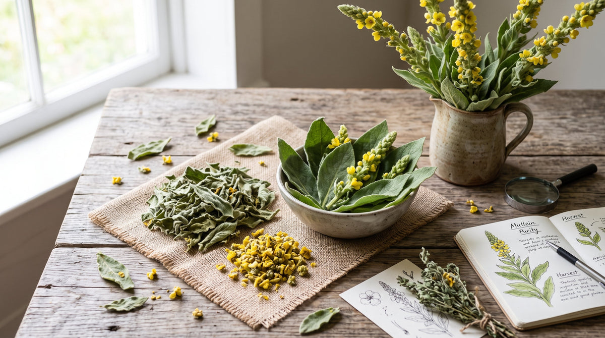 Mullein plants on a table and a notebook writing about purity of the extracts from Mullein plants