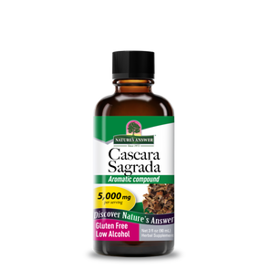 A bottle of Nature's Answer Cascara Sagrada Aromatic Compound, 5,000 mg, in a 3 fl oz amber glass bottle with a black cap and a white, green, and purple label.