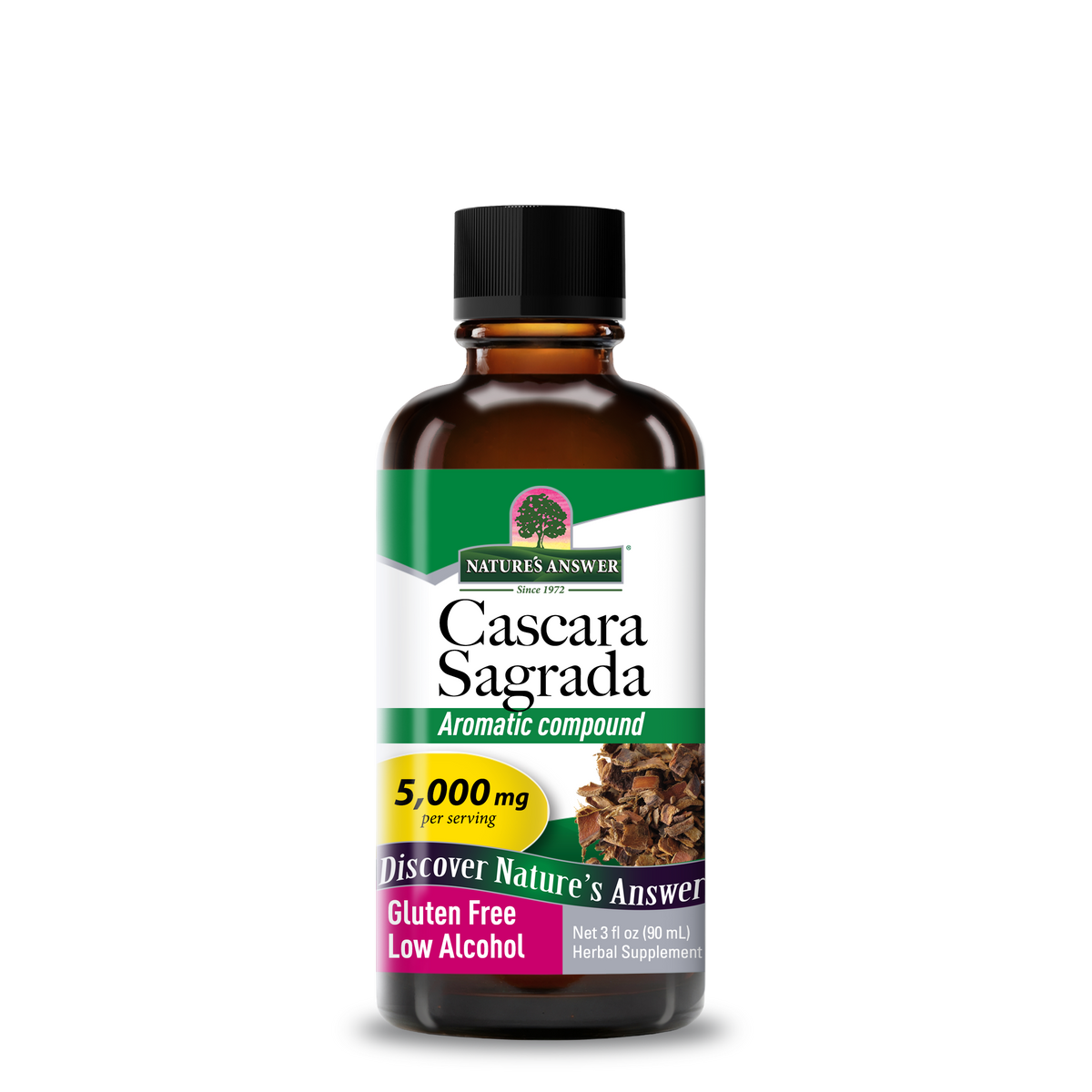 A bottle of Nature's Answer Cascara Sagrada Aromatic Compound, 5,000 mg, in a 3 fl oz amber glass bottle with a black cap and a white, green, and purple label.