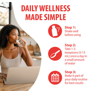 Promotional graphic for a daily wellness guide or supplement, featuring a woman drinking water at a desk on the left and three red instructional icons with text on the right: shake well before using, take 1-3 teaspoons (5-15 mL) once a day in a small amount of water, and make it part of your daily routine for best results.