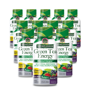 Twelve bottles of Nature's Answer Green Tea Energy dietary supplement arranged in a 3-by-4 grid on a plain white background.