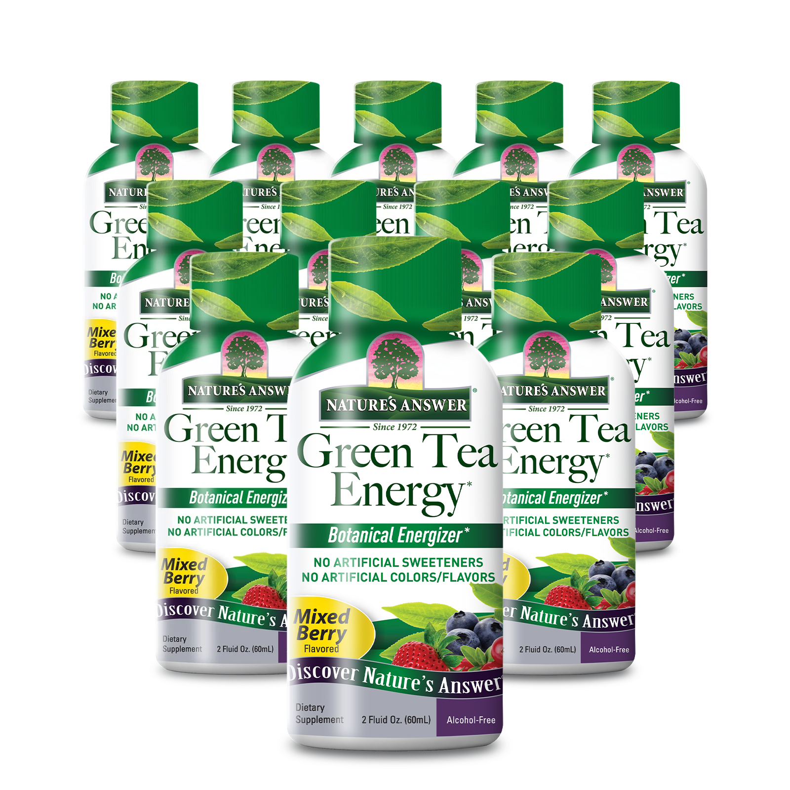 Twelve bottles of Nature's Answer Green Tea Energy dietary supplement arranged in a 3-by-4 grid on a plain white background.