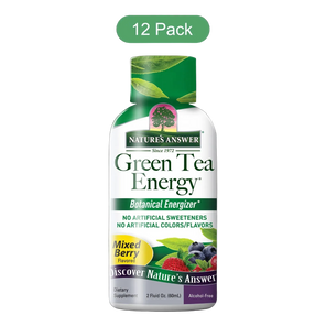 A 12-pack of Nature's Answer Green Tea Energy dietary supplement bottles, featuring a white bottle with green and yellow accents, a green cap, and a green '12 Pack' badge at the top.