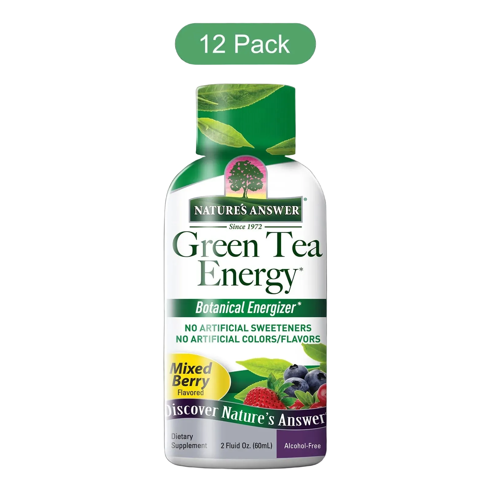 A 12-pack of Nature's Answer Green Tea Energy dietary supplement bottles, featuring a white bottle with green and yellow accents, a green cap, and a green '12 Pack' badge at the top.