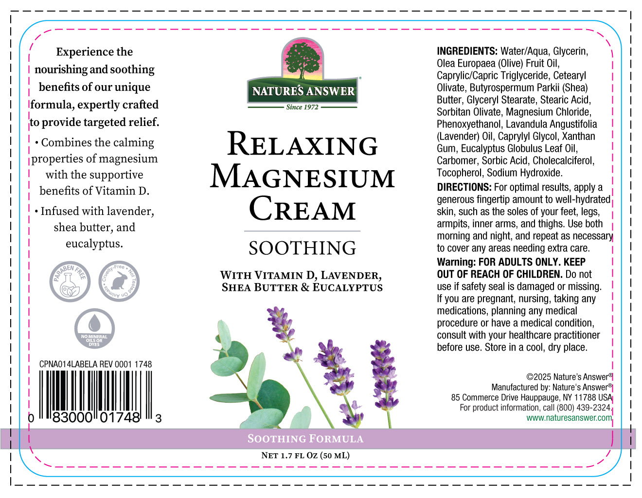 1748 CPNA014LABELA REV0001 Relaxing Magnesium Cream 1.7oz Label High Res