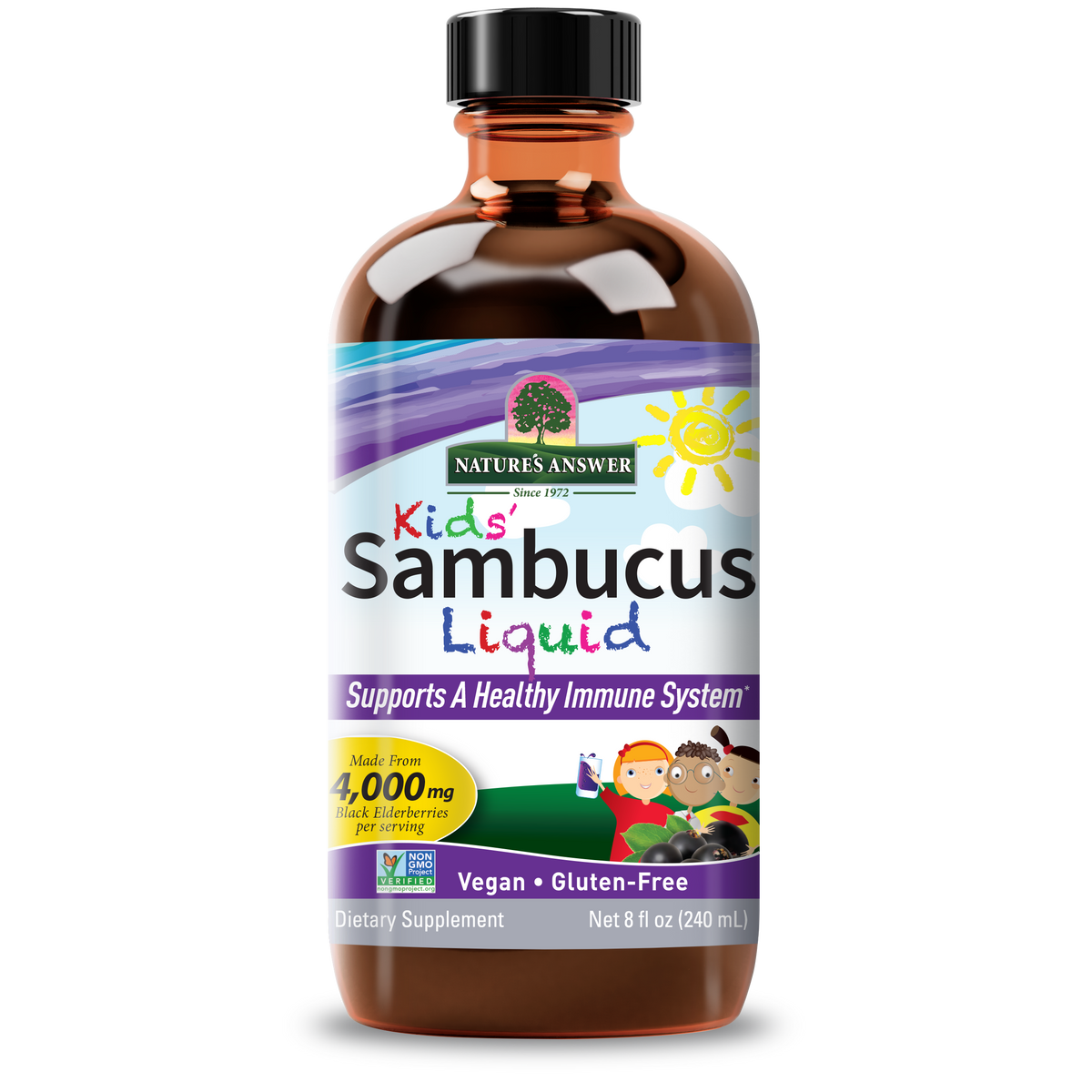 Bottle of Nature's Answer Kids' Sambucus Liquid on a white background