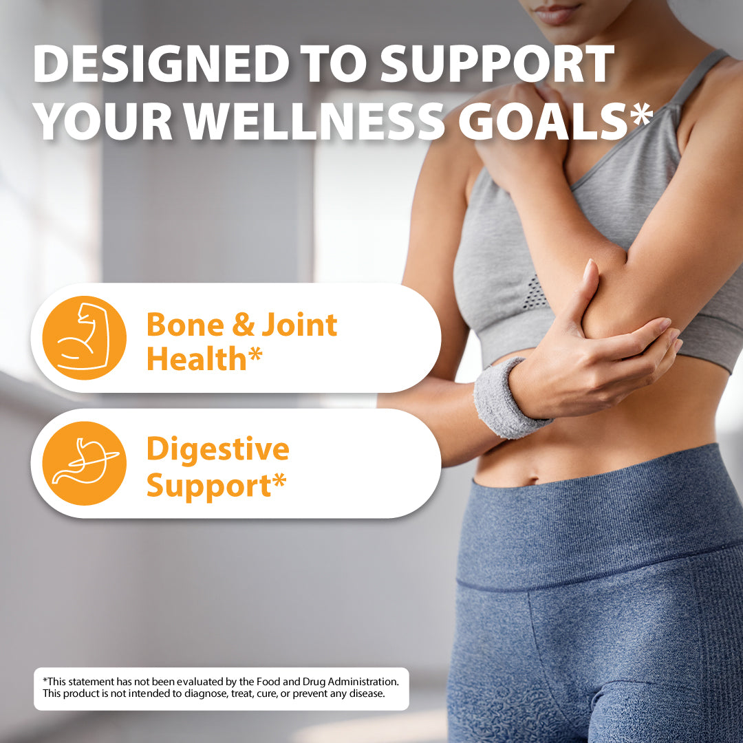 A woman in a gray sports bra and blue leggings holds her upper arm and shoulder, with large text reading 'DESIGNED TO SUPPORT YOUR WELLNESS GOALS' and callouts for 'Bone & Joint Health' and 'Digestive Support'.
