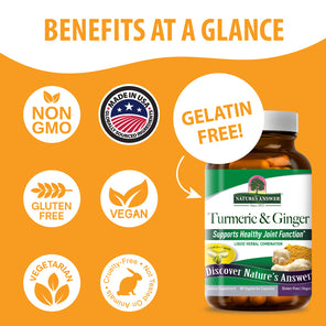 Nature's Answer Turmeric & Ginger supplement bottle on an orange promotional graphic with text reading 'BENEFITS AT A GLANCE' and callout badges for non-GMO, made in USA, gluten free, vegan, vegetarian, and gelatin free.