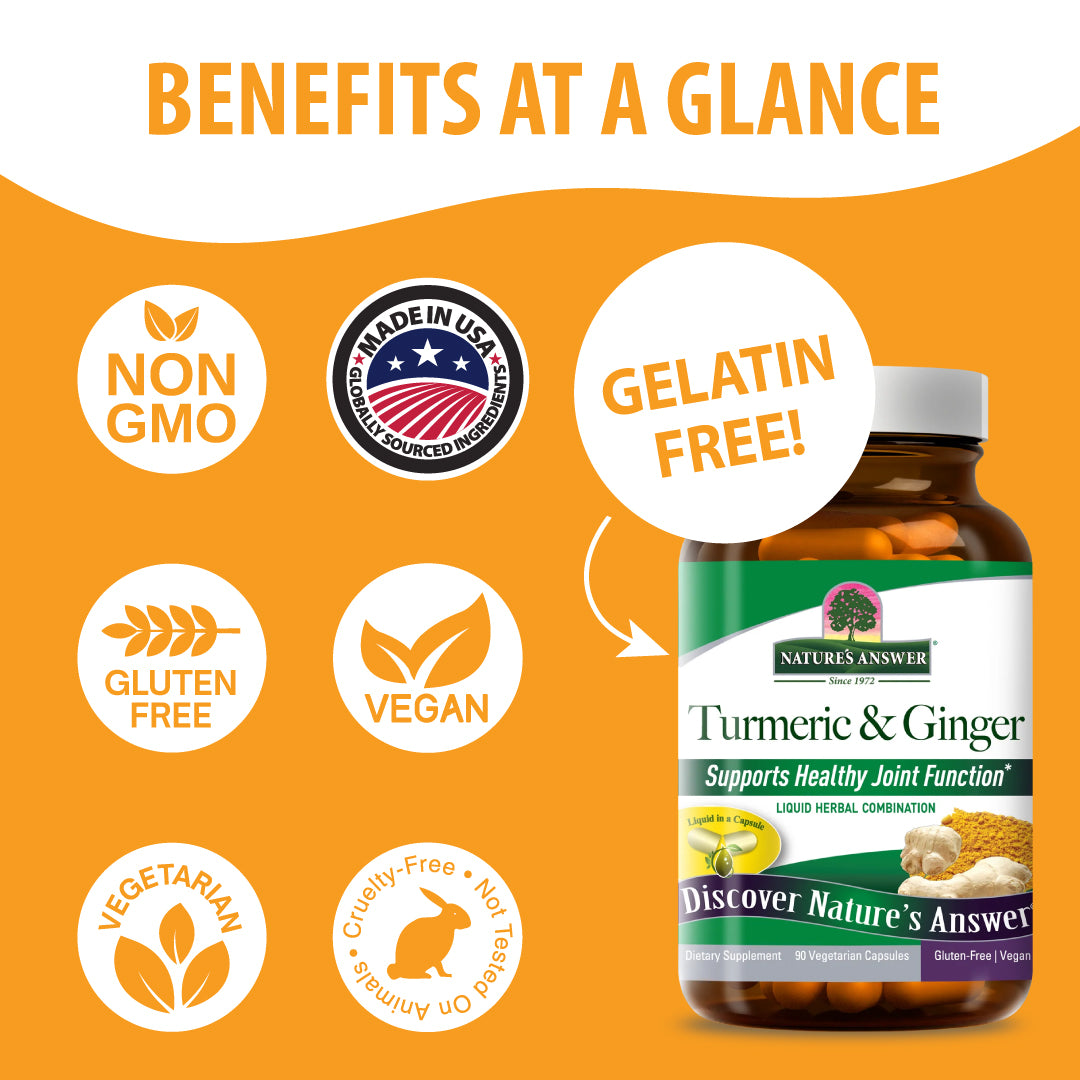Nature's Answer Turmeric & Ginger supplement bottle on an orange promotional graphic with text reading 'BENEFITS AT A GLANCE' and callout badges for non-GMO, made in USA, gluten free, vegan, vegetarian, and gelatin free.