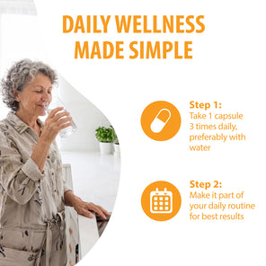 Promotional graphic for a daily wellness supplement, featuring an older woman drinking water on the left and orange text and icons on the right explaining two steps: taking one capsule three times daily and making it part of the daily routine.