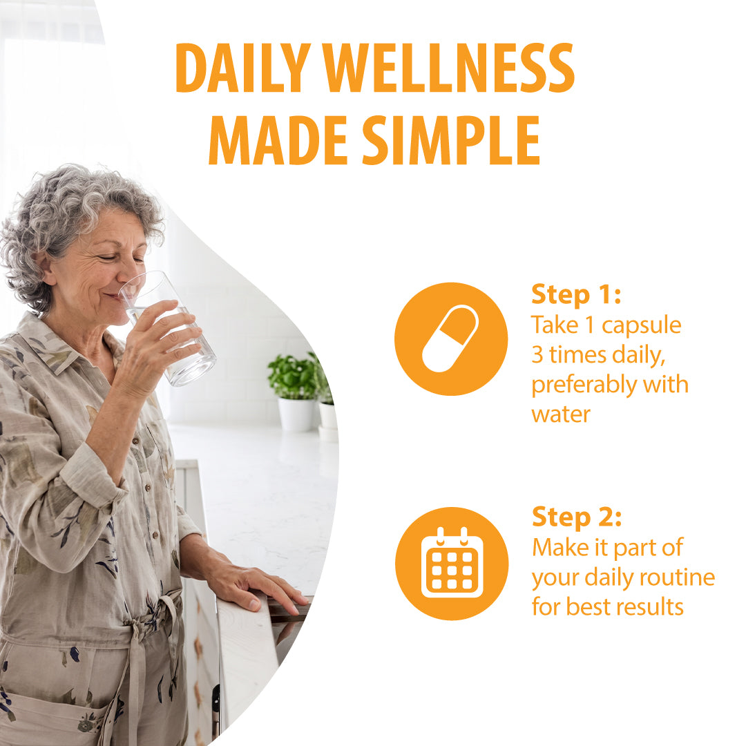 Promotional graphic for a daily wellness supplement, featuring an older woman drinking water on the left and orange text and icons on the right explaining two steps: taking one capsule three times daily and making it part of the daily routine.