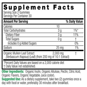 A Supplement Facts label for a gummy supplement, showing a nutrition table with serving size 2 gummies and ingredients including Organic Mullein Leaf Extract, Organic Inulin, and Organic Allulose. The label is black text on a white background with green and yellow informational text at the bottom.