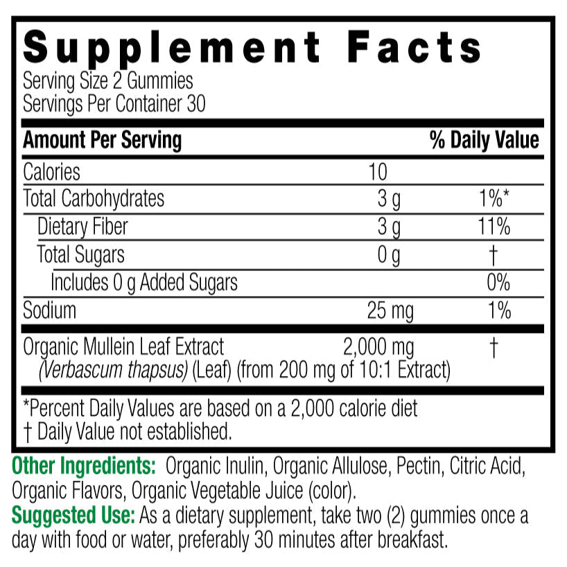 A Supplement Facts label for a gummy supplement, showing a nutrition table with serving size 2 gummies and ingredients including Organic Mullein Leaf Extract, Organic Inulin, and Organic Allulose. The label is black text on a white background with green and yellow informational text at the bottom.