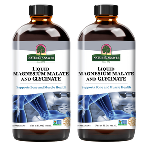 Two amber bottles of Nature's Answer Liquid Magnesium Malate and Glycinate supplement, side by side on a white background.