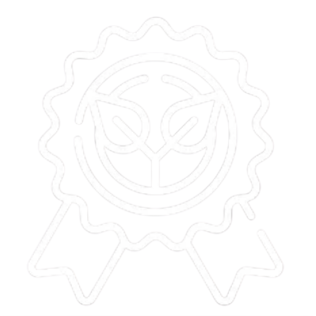 A white outline graphic of a circular badge or ribbon seal with a stylized leaf motif in the center, shown on a black background.