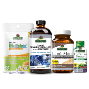 Four supplement products from Nature's Answer arranged together on a white background: MulleinX throat lozenge pouch, a liquid magnesium malate and glycinate supplement bottle, a Lion's Mane supplement bottle, and a Green Tea Energy supplement bottle.