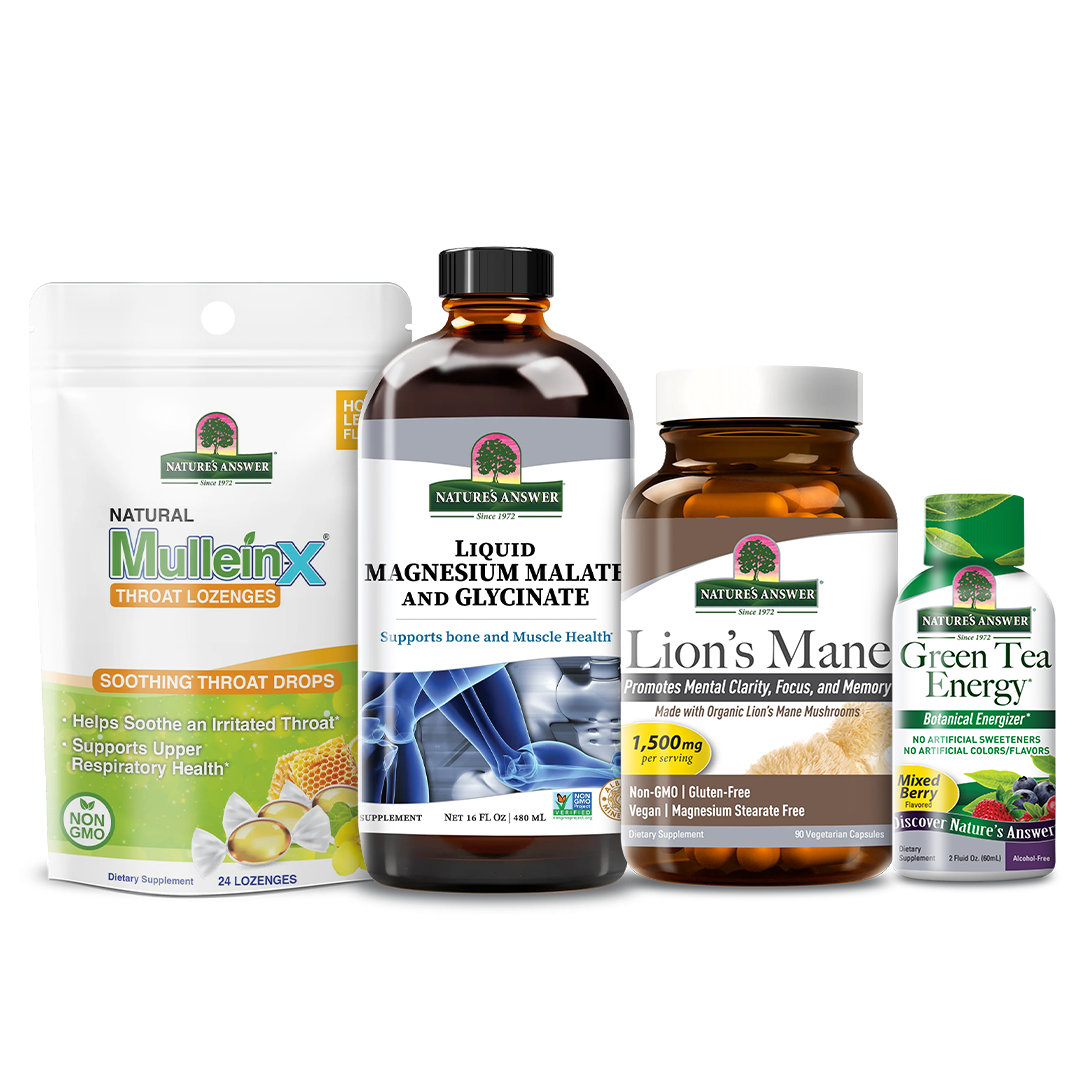 Four supplement products from Nature's Answer arranged together on a white background: MulleinX throat lozenge pouch, a liquid magnesium malate and glycinate supplement bottle, a Lion's Mane supplement bottle, and a Green Tea Energy supplement bottle.