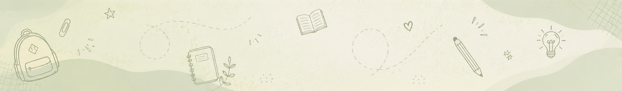 A horizontal banner with a light cream background and pale sage green illustrations of school and study-themed icons, including a backpack, notebook, book, pencil, star, and lightbulb.