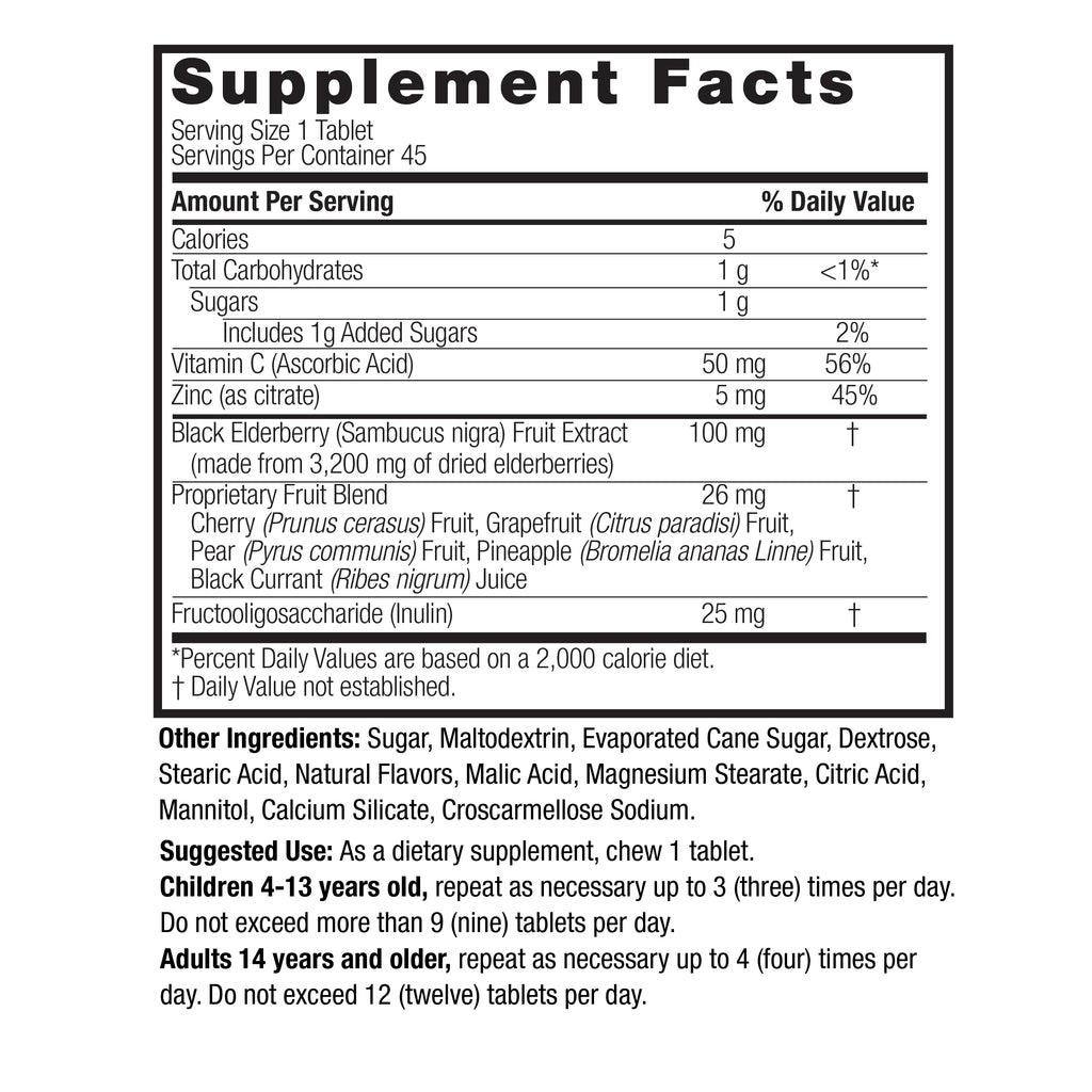 Sambucus Kids Chewable 45 chew tabs Supplement Facts Box