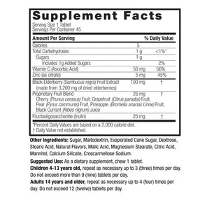 Sambucus Kids Chewable 45 chew tabs Supplement Facts Box