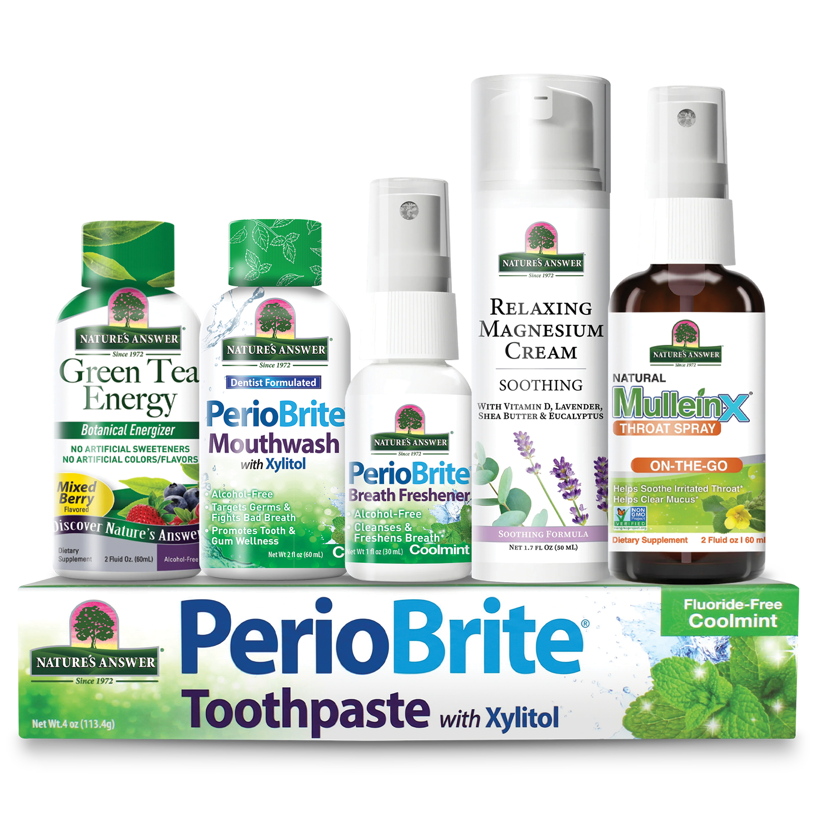 Nature's Answer PerioBrite Toothpaste with Xylitol ,Green Tea Energy shots, PerioBrite Mouthwash with Xylitol, Relaxing Magnesium Cream, and Mullein X throat spray, all on a white background.