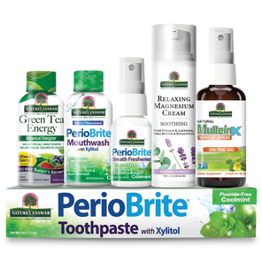 Nature's Answer PerioBrite Toothpaste with Xylitol ,Green Tea Energy shots, PerioBrite Mouthwash with Xylitol, Relaxing Magnesium Cream, and Mullein X throat spray, all on a white background.