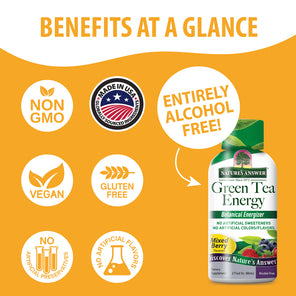 A promotional graphic for Nature's Answer Green Tea Energy dietary supplement, featuring a bottle of Mixed Berry flavor on the right, surrounded by six circular benefit callouts on an orange background: Non GMO, Made in USA, Entirely Alcohol Free, Vegan, Gluten Free, and No Artificial Preservatives/Flavors.