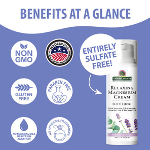 A product infographic for Nature's Answer Relaxing Magnesium Cream. The image features a white pump bottle of the cream on the right, set against a lavender-blue background with a white header.