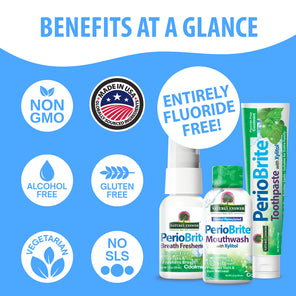 A promotional graphic for Nature's Answer PerioBrite oral care products on a blue background with white curved sections. The image includes six feature callouts: Non GMO, Made in USA, Entirely Fluoride Free!, Alcohol Free, Gluten Free, Vegetarian, and No SLS, alongside a toothpaste tube and two small bottles of mouthwash and mouth freshener.