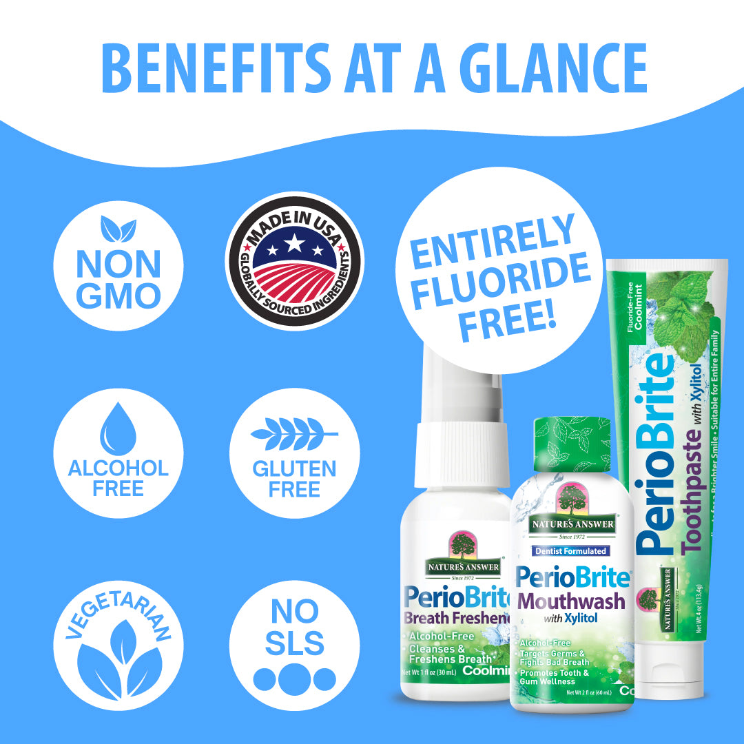 A promotional graphic for Nature's Answer PerioBrite oral care products on a blue background with white curved sections. The image includes six feature callouts: Non GMO, Made in USA, Entirely Fluoride Free!, Alcohol Free, Gluten Free, Vegetarian, and No SLS, alongside a toothpaste tube and two small bottles of mouthwash and mouth freshener.