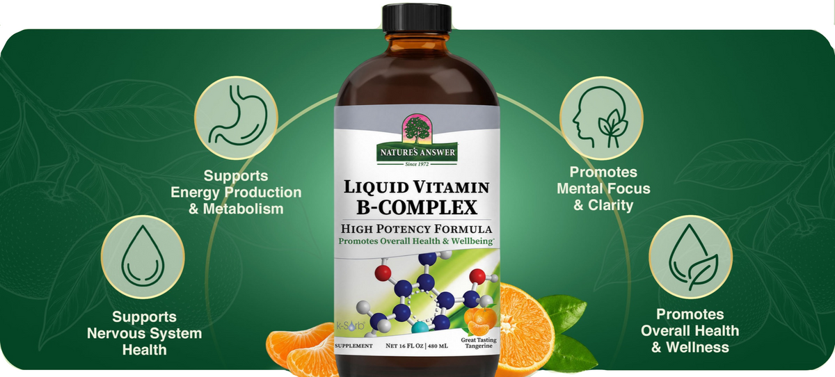 A bottle of Nature's Smiles Liquid Vitamin B-Complex centered on a green promotional background with icons and text about health benefits, plus orange slices and a lemon wedge near the base.