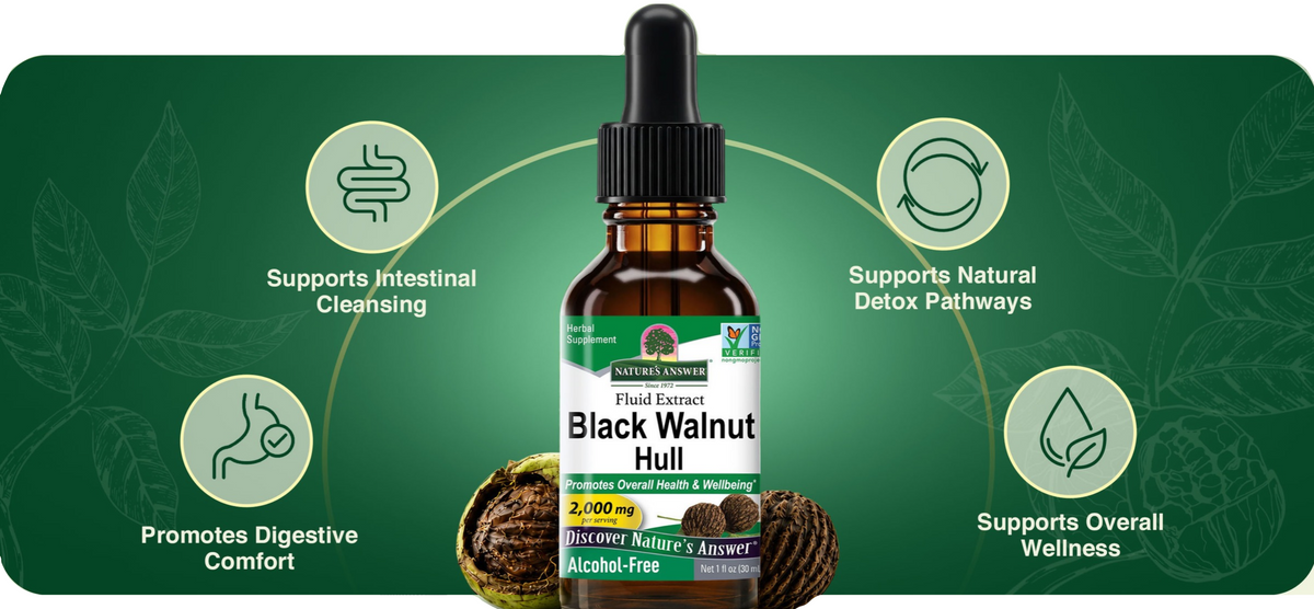 A bottle of Nature's Answer Black Walnut Hull liquid extract centered on a green graphic background with wellness icons and text. The amber dropper bottle is labeled 'Black Walnut Hull' and is flanked by whole walnut shells.