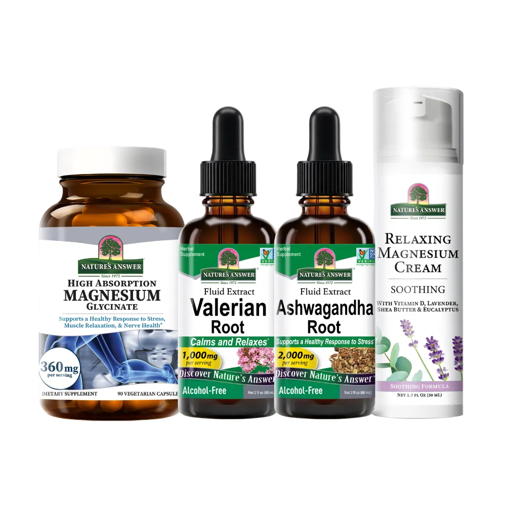 Four Nature's Answer supplements arranged on a white background: a brown bottle of High Absorption Magnesium Glycinate, two amber dropper bottles of Valerian Root and Ashwagandha Root, and a white tube of Relaxing Magnesium Cream.
