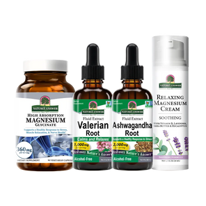 Four Nature's Answer supplements arranged on a white background: a brown bottle of High Absorption Magnesium Glycinate, two amber dropper bottles of Valerian Root and Ashwagandha Root, and a white tube of Relaxing Magnesium Cream.