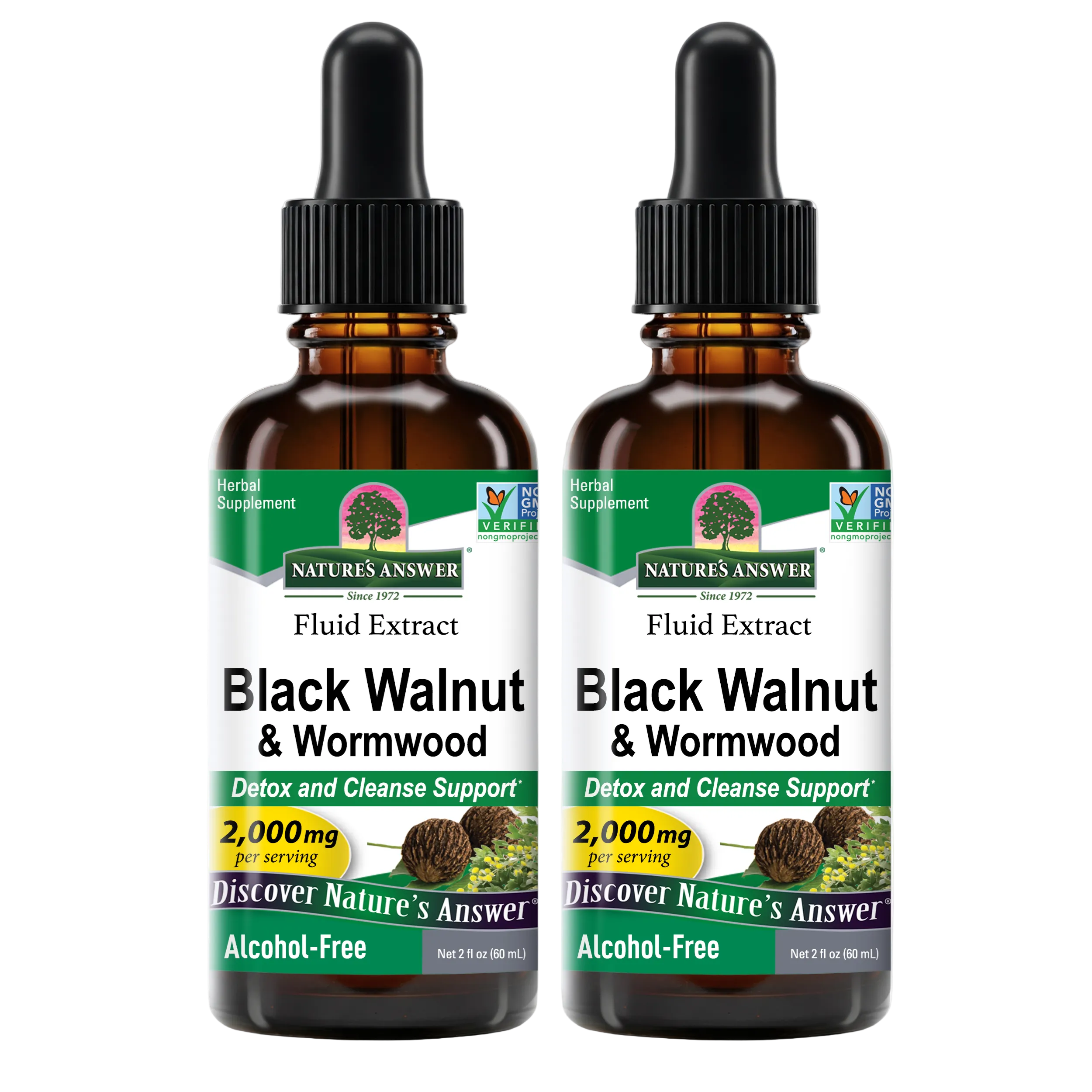 Two amber glass dropper bottles of Nature's Answer Black Walnut & Wormwood Fluid Extract, 2000 mg, shown side by side on a white background.