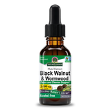 A 1 fl oz amber glass dropper bottle of Nature's Answer Black Walnut & Wormwood Fluid Extract, featuring a black dropper cap and a white label with green and yellow accents, set against a plain white background. 