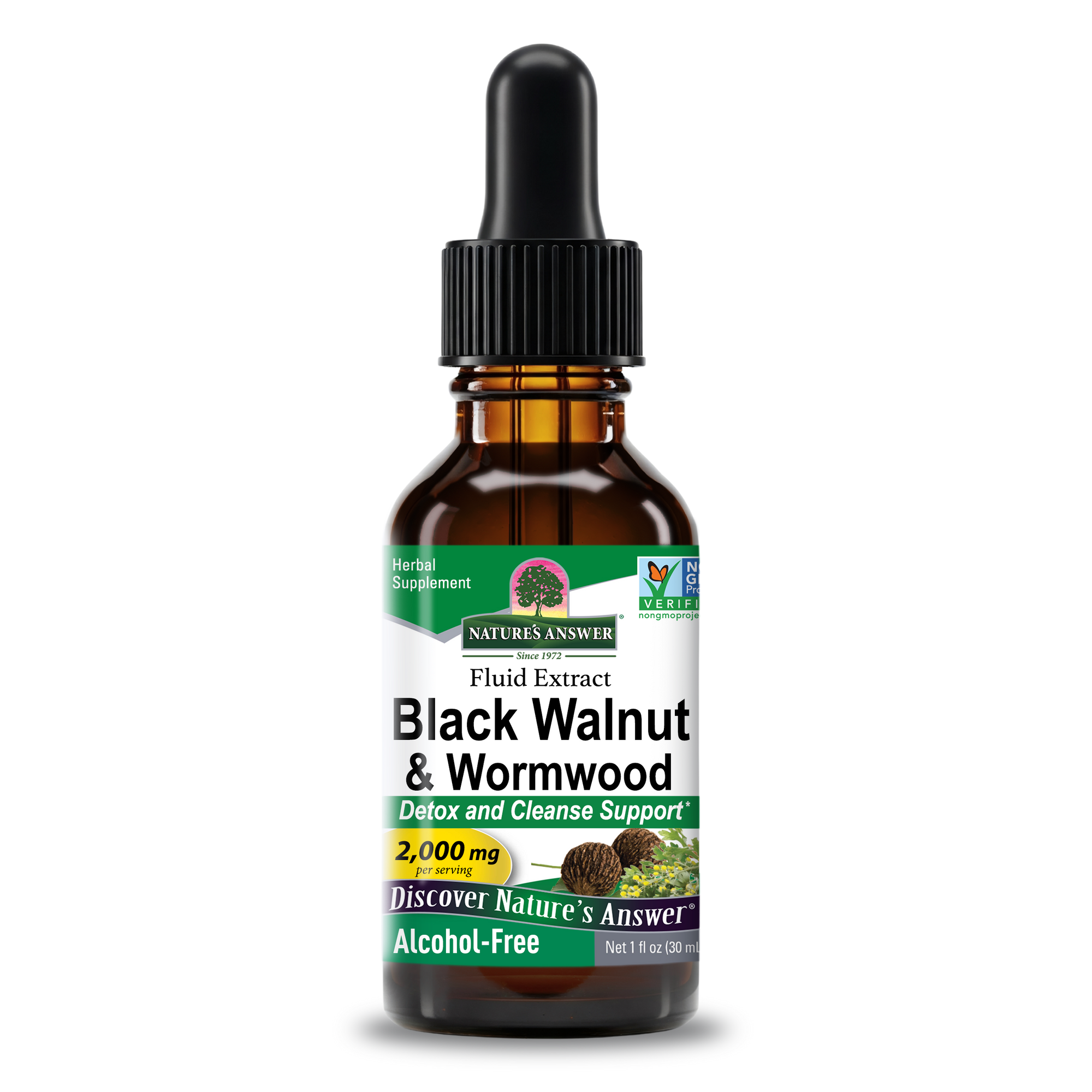 A 1 fl oz amber glass dropper bottle of Nature's Answer Black Walnut & Wormwood Fluid Extract, featuring a black dropper cap and a white label with green and yellow accents, set against a plain white background. 