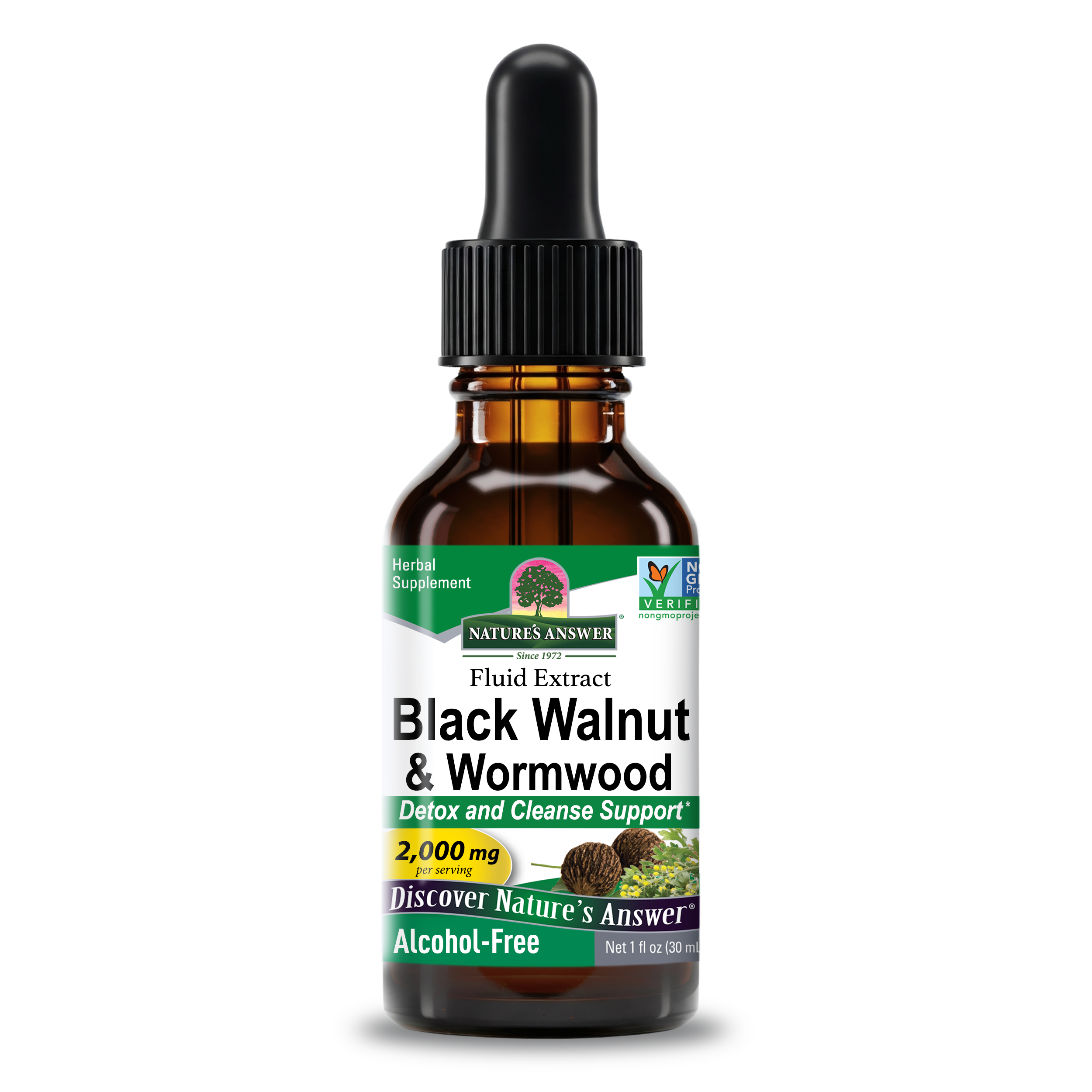 A 1 fl oz amber glass dropper bottle of Nature's Answer Black Walnut & Wormwood Fluid Extract, featuring a black dropper cap and a white label with green and yellow accents, set against a plain white background. 