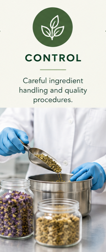 A promotional graphic with the word CONTROL and a description about careful ingredient handling and quality procedures, above a photo of a person in a white coat and blue gloves pouring dried herbs into a metal pot, with glass jars of dried flowers and herbs below.