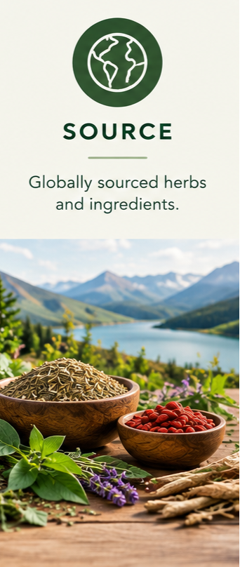 Promotional graphic for 'SOURCE' featuring a green circular globe logo and the text 'Globally sourced herbs and ingredients.' above a scenic photograph of mountain landscapes with lakes, alongside wooden bowls containing dried herbs and red berries on a rustic wooden table.