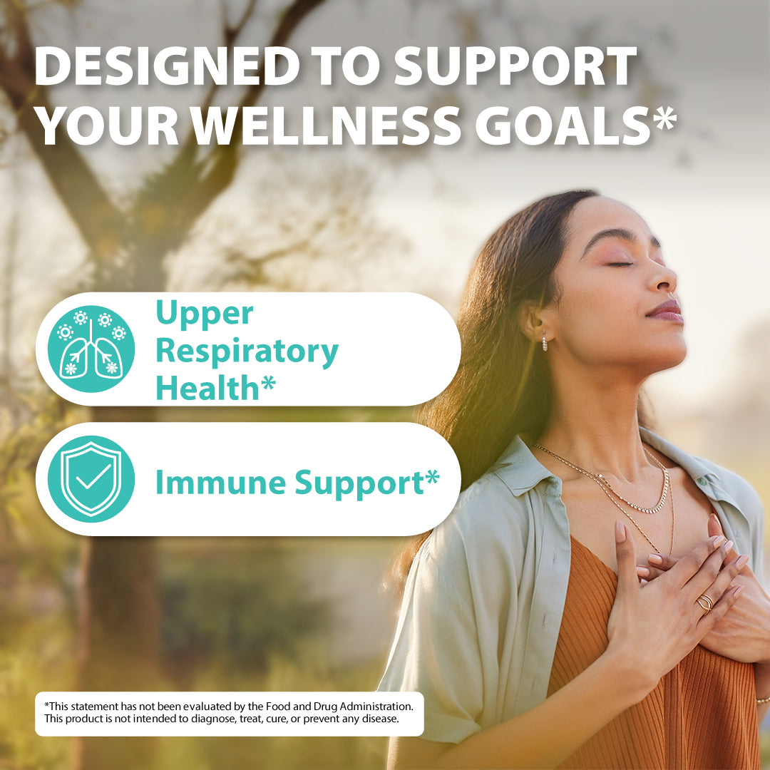 A wellness marketing graphic with the text 'DESIGNED TO SUPPORT YOUR WELLNESS GOALS*' and two callouts reading 'Upper Respiratory Health*' and 'Immune Support*' over a blurred outdoor scene with a woman in the background.