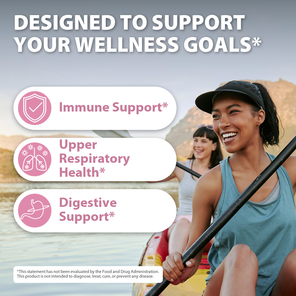 Promotional graphic with the headline 'DESIGNED TO SUPPORT YOUR WELLNESS GOALS*' over a scenic lake background. Three pink callout bubbles list benefits: 'Immune Support*', 'Upper Respiratory Health*', and 'Digestive Support*'.