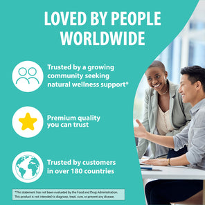 Promotional graphic with a teal background and text reading 'LOVED BY PEOPLE WORLDWIDE,' plus three benefit callouts and a photo of two people talking at a desk. This is not a clean product shot, not a measurement chart, color swatch, or instruction diagram, and it does not clearly show a specific sellable product, so subject_type is Other.