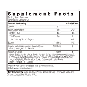 A Supplement Facts label for a gummy product, showing serving size 2 gummies, 30 servings per container, with a list of ingredients and nutrients including organic mullein and a mullein-X blend. Small text at the bottom lists other ingredients: inulin, allulose, pectin, natural flavors, lactic acid, malic acid, citric acid, and vegetable juice for color.