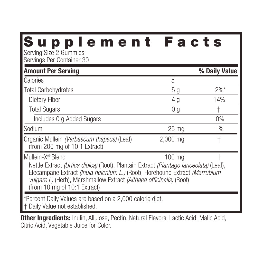 A Supplement Facts label for a gummy product, showing serving size 2 gummies, 30 servings per container, with a list of ingredients and nutrients including organic mullein and a mullein-X blend. Small text at the bottom lists other ingredients: inulin, allulose, pectin, natural flavors, lactic acid, malic acid, citric acid, and vegetable juice for color.
