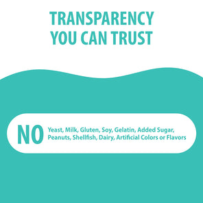 A digital graphic with the text 'TRANSPARENCY YOU CAN TRUST' at the top and a teal wave separating a white rounded rectangle at the bottom that reads 'NO Yeast, Milk, Gluten, Soy, Gelatin, Added Sugar, Peanuts, Shellfish, Dairy, Artificial Colors or Flavors' in teal text.